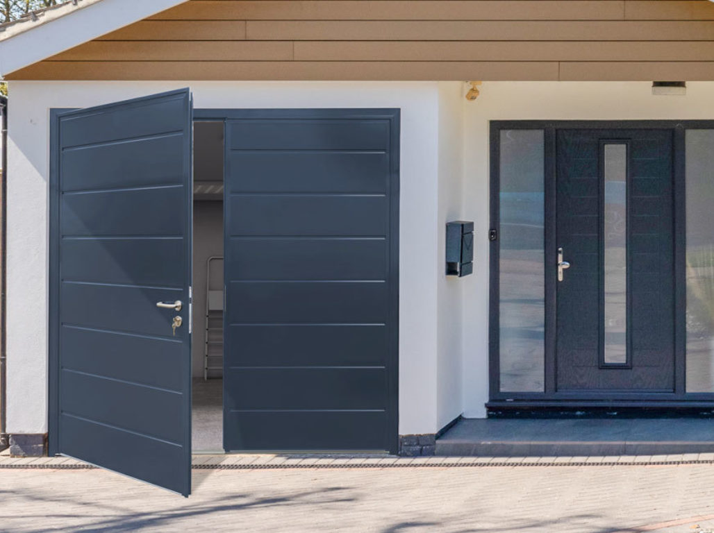 Oxley Insulated Centre Ribbed Side Hinged Garage Door In Smooth Anthracite Grey