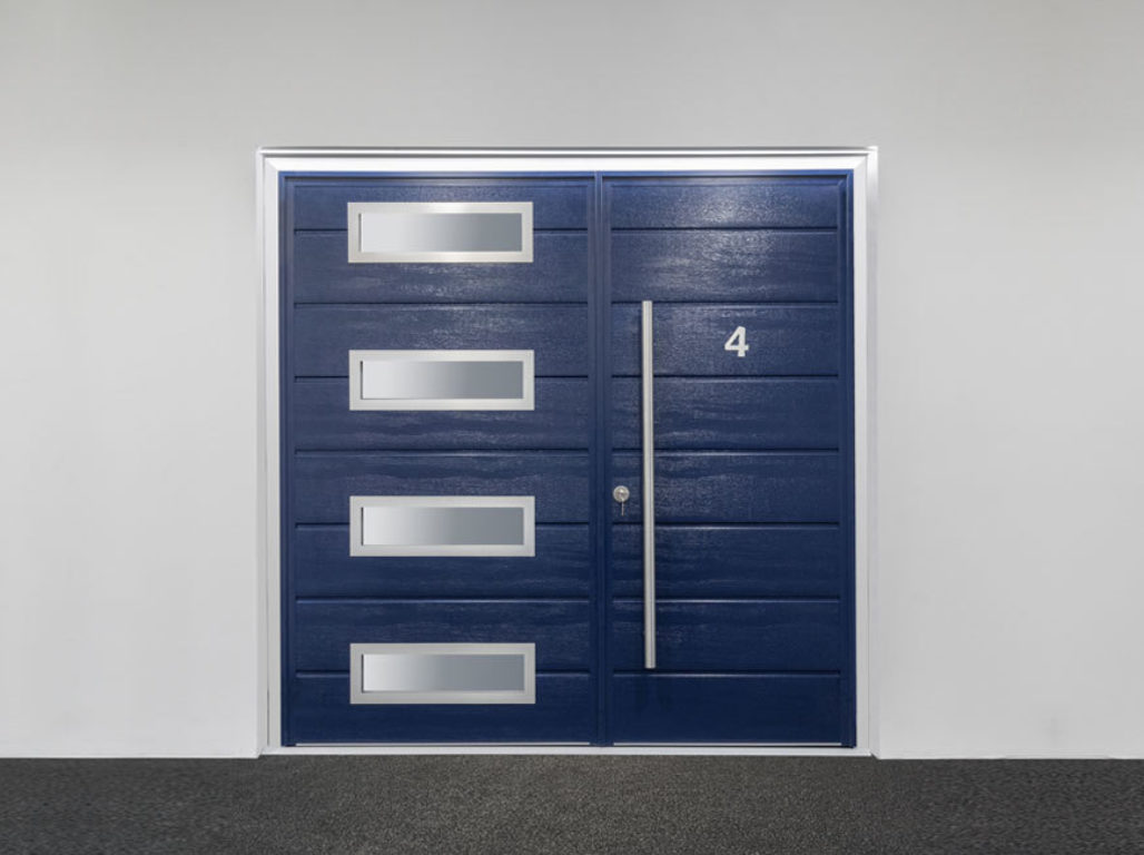 Oxley Insulated Centre Ribbed Side Hinged Garage Door In Woodgrain Steel Blue With Stainless Steel D-Handles & Bling Sigma Windows